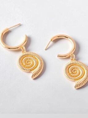 Gold Spiral Shell Drop Hoop Earrings by Melody